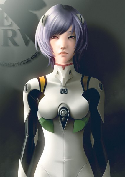 Anime picture 1000x1415 with neon genesis evangelion gainax ayanami rei lenadrofranci single tall image short hair red eyes standing purple hair lips realistic grey background nerv girl bodysuit