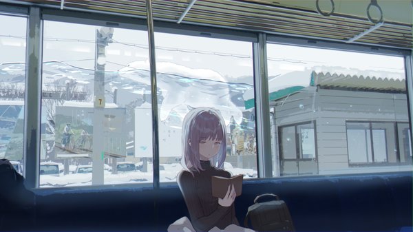 Anime picture 1800x1013 with original domotolain single long hair blush fringe highres breasts wide image sitting holding purple hair blunt bangs grey eyes sleeves past wrists snow reading train interior swimming surreal