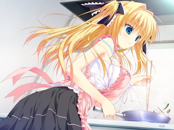 Anime picture 1280x960 with hoshizora e kakaru hashi doga kobo nanamori seira single long hair blue eyes blonde hair game cg cooking girl ribbon (ribbons) hair ribbon apron chopsticks kitchen frying pan