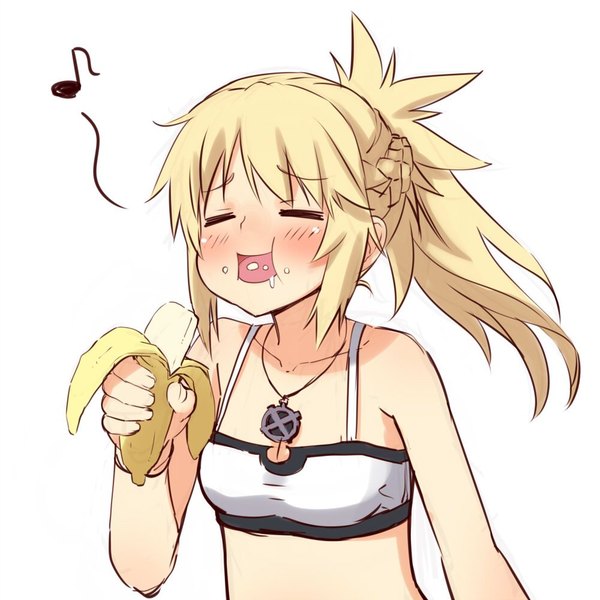 Anime picture 1000x1000 with fate (series) fate/apocrypha aho girl mordred (fate) hondarai single long hair blush fringe breasts open mouth light erotic simple background blonde hair white background bare shoulders holding payot cleavage upper body
