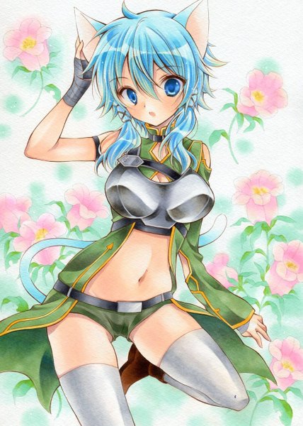 Anime picture 914x1280 with sword art online a-1 pictures asada shino izumo neko tall image blush fringe short hair breasts blue eyes light erotic twintails animal ears blue hair tail animal tail cat ears bare belly cat girl cat tail
