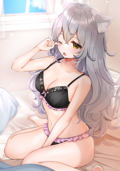 Anime picture 705x1000 with original katsushika pachi single long hair tall image blush fringe breasts open mouth light erotic hair between eyes sitting animal ears yellow eyes payot looking away cleavage indoors one eye closed arm up