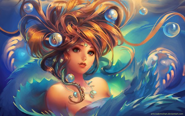 Anime picture 1920x1200 with original sakimichan single long hair highres brown hair wide image bare shoulders aqua eyes realistic inscription underwater girl water jewelry necklace bubble (bubbles)
