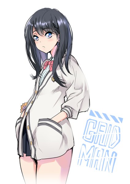 Anime picture 1131x1600 with gridman universe ssss.gridman studio trigger takarada rikka hummer (sasanqua-sh) single long hair tall image looking at viewer blush fringe blue eyes simple background hair between eyes standing white background copyright name thighs hands in pockets wrist scrunchie