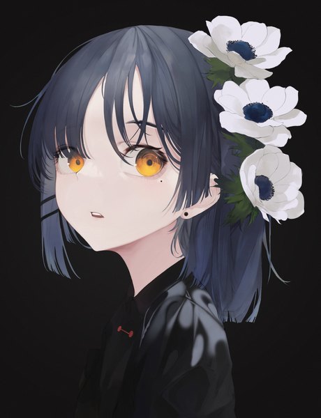 Anime picture 2278x2970 with bocchi the rock! cloverworks yamada ryou mile (mil2) single tall image looking at viewer highres short hair simple background yellow eyes blue hair upper body parted lips hair flower mole mole under eye black background portrait girl