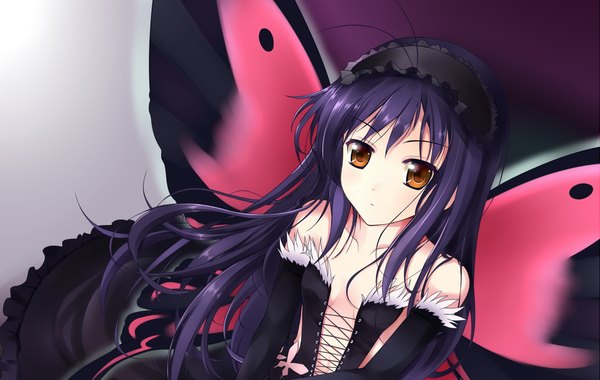 Anime picture 2159x1368 with accel world sunrise (studio) kuroyukihime single long hair fringe highres breasts light erotic bare shoulders brown eyes looking away purple hair :o insect wings butterfly wings girl hair ornament detached sleeves wings