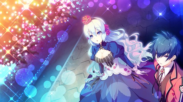 Anime picture 1280x720 with kimi to boku to no kishi no hibi: rakuen no chevalier long hair short hair black hair red eyes wide image purple eyes game cg white hair hair flower girl dress boy hair ornament flower (flowers)