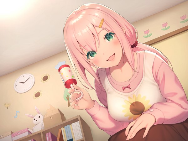 Anime picture 1120x840 with original pokachu single long hair looking at viewer fringe open mouth smile hair between eyes green eyes pink hair :d low ponytail girl apron bobby pin toy stuffed animal clock stuffed toy