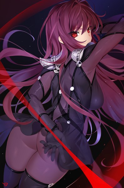 Anime picture 1000x1515 with fate (series) fate/grand order scathach (fate) (all) scathach (fate) yd (orange maru) single long hair tall image looking at viewer fringe breasts light erotic simple background hair between eyes red eyes large breasts signed purple hair ass looking back