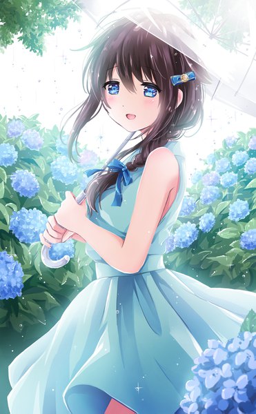 Anime picture 1000x1615 with kantai collection shigure destroyer nanashiki fuuka single long hair tall image looking at viewer blush fringe open mouth blue eyes black hair hair between eyes standing bare shoulders holding braid (braids) :d light smile midriff
