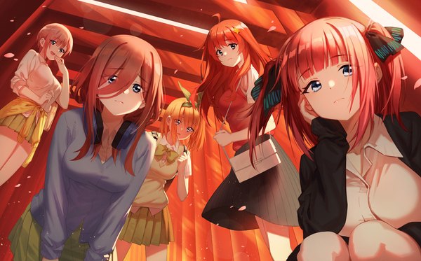 Anime picture 2088x1300 with go-toubun no hanayome nakano miku nakano nino nakano ichika nakano itsuki nakano yotsuba zhanzheng zi long hair looking at viewer blush fringe highres short hair open mouth blue eyes wide image standing multiple girls pink hair ahoge