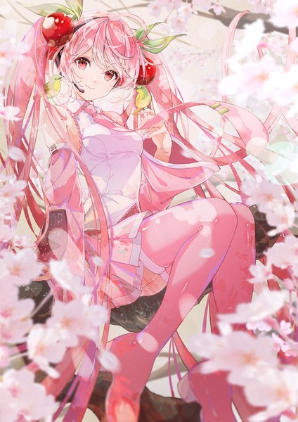 Anime picture 2024x2866 with vocaloid hatsune miku sakura miku muto (n0sug4r) single tall image looking at viewer highres sitting twintails pink hair very long hair pink eyes from below depth of field cherry blossoms spring animal on shoulder bird on hand tree sitting
