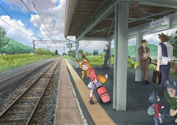 Anime picture 4093x2894 with original doitsuken highres short hair open mouth black hair blonde hair smile red eyes brown hair standing multiple girls animal ears looking away absurdres sky cloud (clouds) outdoors ponytail tail