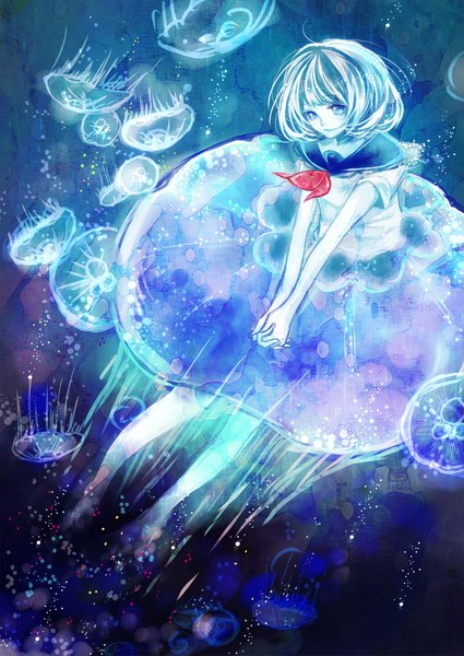 Anime picture 800x1129 with original lululu luuuuuun single tall image looking at viewer fringe short hair blue eyes smile blue hair pale skin underwater girl water bubble (bubbles) sailor suit jellyfish