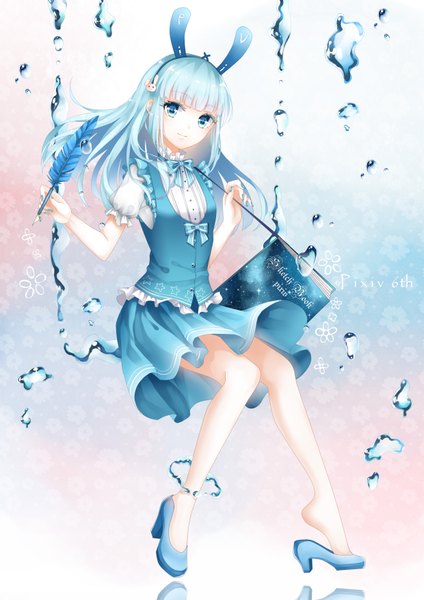 Anime picture 2480x3507 with original stari single long hair tall image looking at viewer highres blue eyes sitting animal ears blue hair bunny ears girl dress bow shoes feather (feathers) bubble (bubbles) sketchbook