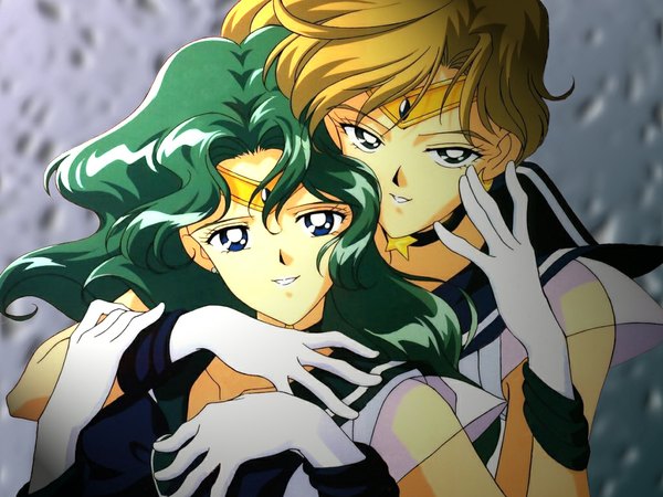 Anime picture 1024x768 with bishoujo senshi sailor moon toei animation kaiou michiru tenou haruka sailor neptune sailor uranus long hair looking at viewer short hair blue eyes blonde hair multiple girls green hair light smile hug girl gloves 2 girls earrings star (symbol)