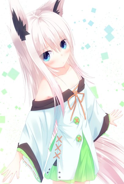 Anime picture 722x1068 with original nagishiro mito single long hair tall image looking at viewer blush blue eyes white background animal ears white hair girl dress