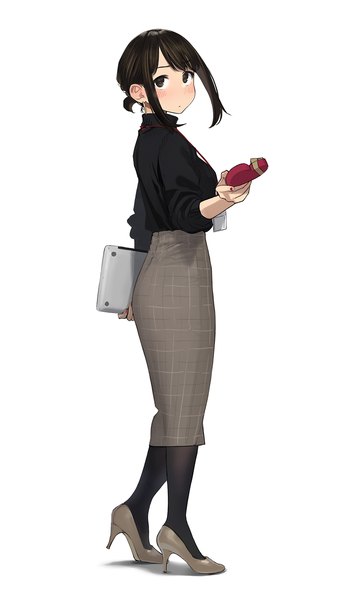 Anime picture 844x1500 with ganbare douki-chan douki-chan (douki-chan) yomu (sgt epper) single tall image looking at viewer blush short hair black hair simple background standing white background full body black eyes high heels turning head plaid skirt outstretched hand valentine office lady