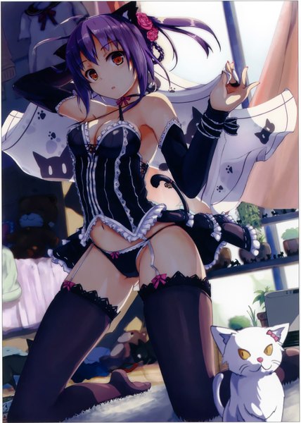 Anime picture 1641x2301 with original hoippu (artist) single tall image looking at viewer short hair breasts light erotic red eyes large breasts animal ears purple hair tail barefoot hair flower cat ears scan arms up cat tail legs