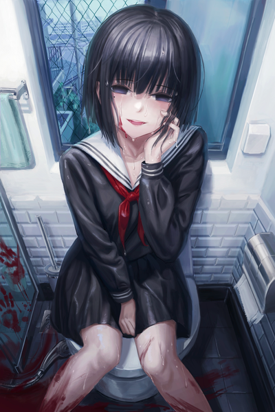 Anime picture 2734x4100 with original kafkasea single tall image blush fringe highres short hair open mouth black hair smile sitting blunt bangs from above black eyes mole wet mole under eye between legs blood on face