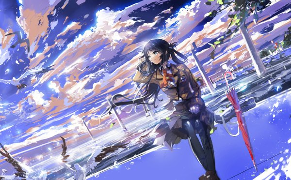 Anime picture 1700x1055 with nagi no asukara p.a. works shiodome miuna stu dts single long hair blush blue eyes black hair wide image sitting twintails looking away sky cloud (clouds) wind scenic closed umbrella girl skirt