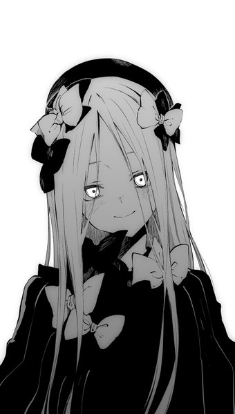 Anime picture 2327x4096 with fate (series) fate/grand order abigail williams (fate) tsukamoto minori single long hair tall image looking at viewer blush highres simple background smile standing white background upper body head tilt monochrome girl bow hair bow