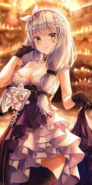 Anime picture 1000x2000 with girls frontline hk416 (girls frontline) lkeris single long hair tall image looking at viewer blush fringe breasts light erotic large breasts standing twintails bare shoulders green eyes cleavage silver hair blunt bangs arm up