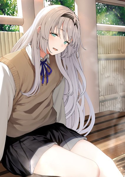 Anime picture 868x1228 with girls frontline an-94 (girls frontline) tobimura single long hair tall image blush fringe open mouth hair between eyes sitting looking away outdoors :d pleated skirt aqua eyes grey hair steam soaking feet girl