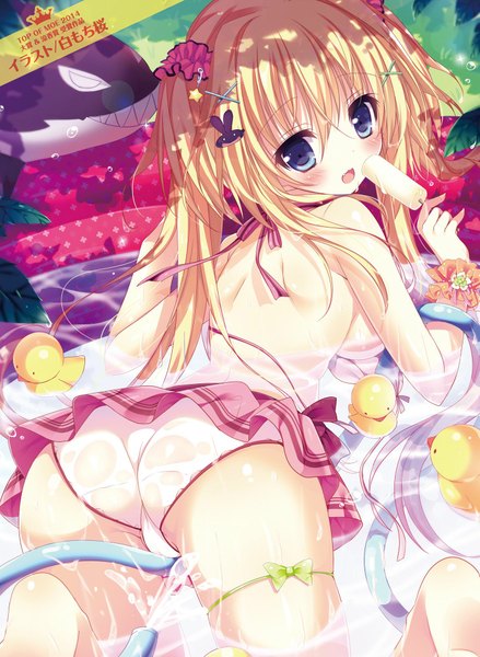 Anime picture 1463x2000 with original shiromochi sakura single long hair tall image looking at viewer blush open mouth blue eyes light erotic blonde hair twintails ass girl hair ornament swimsuit bikini food sweets x hair ornament