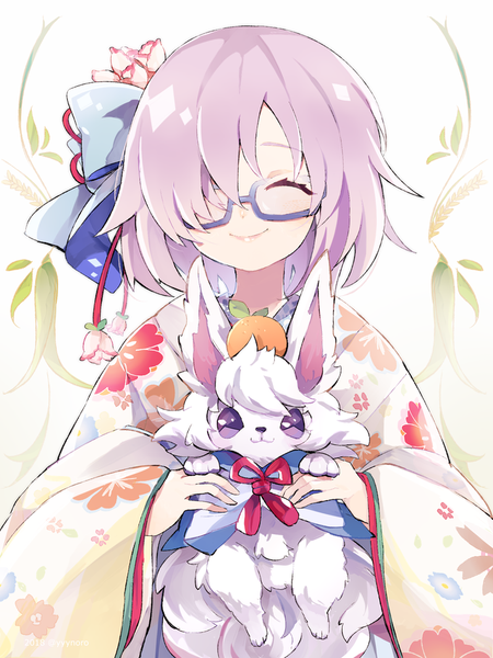 Anime picture 712x950 with fate (series) fate/grand order mash kyrielight fou (fate) captain yue single tall image fringe short hair smile holding purple hair upper body eyes closed traditional clothes japanese clothes hair over one eye girl glasses kimono