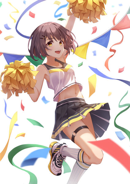 Anime picture 3500x4950 with original star-ring single tall image looking at viewer blush fringe highres short hair open mouth simple background smile brown hair standing white background yellow eyes absurdres :d pleated skirt arm up