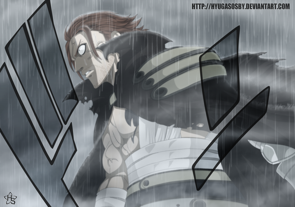 Anime picture 1852x1300 with fairy tail gildarts clive hyugasosby single highres short hair brown hair sky cloud (clouds) profile black eyes tattoo coloring rain muscle bristle boy cloak bandage (bandages)