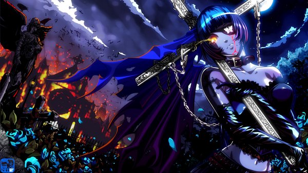 Anime picture 1920x1080 with ikkitousen ryomou shimei isshi single highres short hair wide image bare shoulders blue hair cloud (clouds) orange eyes tattoo night sky glowing glowing eye (eyes) bat wings destruction gothic cropped girl