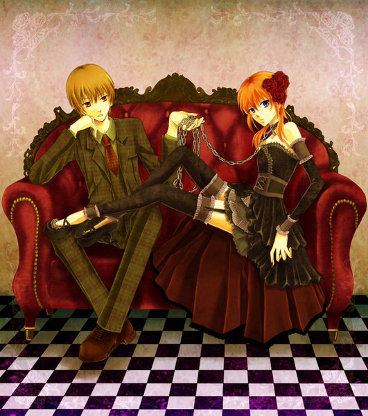 Anime picture 1416x1598 with gintama sunrise (studio) kagura (gintama) okita sougo tall image short hair blue eyes red eyes brown hair orange hair checkered floor girl thighhighs black thighhighs detached sleeves shirt necktie rose (roses) chain couch