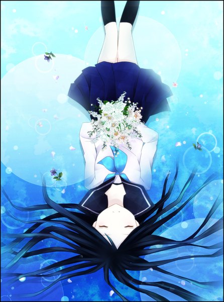 Anime picture 1600x2150 with original haiharaha single long hair tall image open mouth black hair smile eyes closed pleated skirt sunlight girl thighhighs skirt uniform flower (flowers) black thighhighs school uniform water bouquet