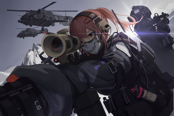 Anime picture 5314x3543 with original black soldier long hair fringe highres hair between eyes brown eyes looking away absurdres upper body outdoors ponytail head tilt wind mountain fighting stance sniper girl gloves uniform