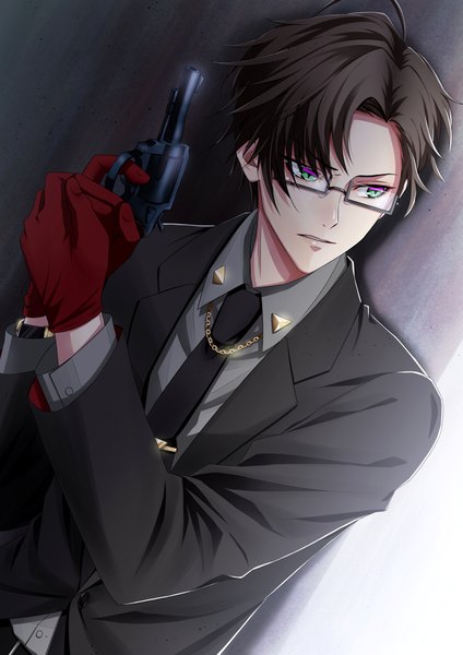 Anime picture 1447x2047 with hypnosis mic iruma juuto shelty single tall image fringe short hair hair between eyes brown hair standing holding green eyes looking away upper body ahoge parted lips against wall boy gloves weapon
