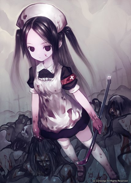 Anime picture 713x1000 with alteil (game) kiran single long hair tall image looking at viewer black hair twintails holding pink eyes from above short sleeves expressionless nurse bloody clothes severed head girl thighhighs weapon white thighhighs