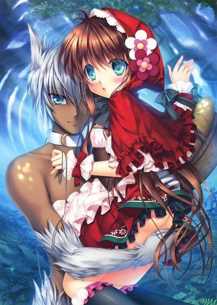 Anime picture 2350x3300 with little red riding hood original eshi 100-nin ten hinoue itaru long hair tall image looking at viewer blush highres short hair blue eyes light erotic brown hair animal ears silver hair tail animal tail scan dark skin wolf ears