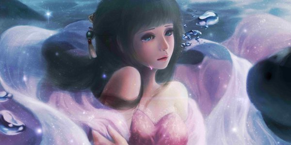 Anime picture 4000x2000 with original ruby (artist) single long hair fringe highres blue eyes black hair wide image bare shoulders tears underwater girl dress hair ornament water bubble (bubbles) pink dress