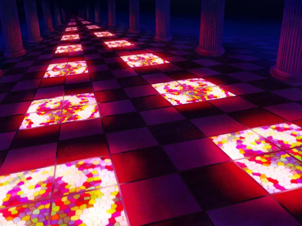 Anime-Bild 1280x960 mit touhou aoha (twintail) no people checkered floor floor glow pillar column stained glass