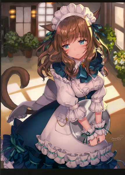 Anime picture 2111x2952 with final fantasy final fantasy xiv square enix miqo'te momoko (momopoco) single long hair tall image blush fringe highres breasts hair between eyes brown hair large breasts standing holding signed animal ears payot