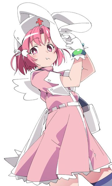 Anime picture 558x925 with nurse witch komugi-chan tatsunoko nakahara komugi ixy single tall image looking at viewer blush short hair simple background white background animal ears pink hair pink eyes fang (fangs) two side up bunny ears nurse girl gloves