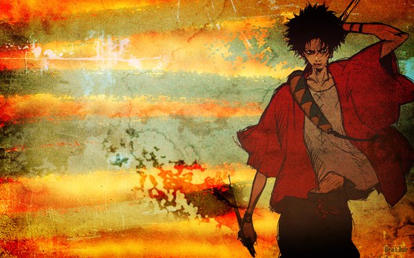 Аниме картинка 1920x1200 с самурай чамплу mugen (samurai champloo) один (одна) высокое разрешение чёрные волосы широкое изображение поднятая рука рука за головой отредактировано третьим лицом мужчина оружие меч катана