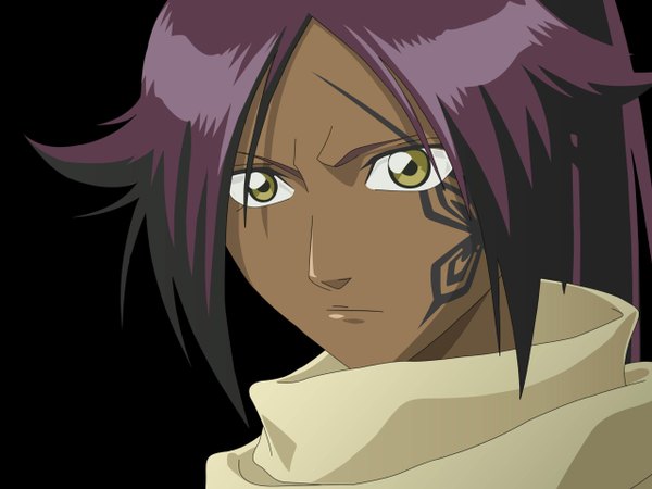 Anime picture 2560x1920 with bleach studio pierrot shihouin yoruichi single fringe highres simple background green eyes purple hair ponytail black background close-up face vector serious face paint derivative work girl