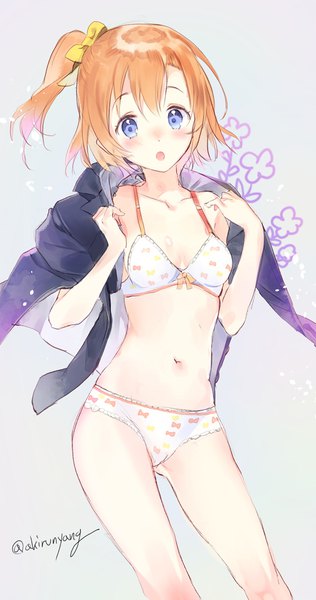 Anime picture 600x1138 with love live! school idol project sunrise (studio) love live! kousaka honoka macciatto (aciel02) single tall image blush short hair open mouth blue eyes light erotic signed orange hair grey background underwear only twitter username one side up clothes on shoulders print panties