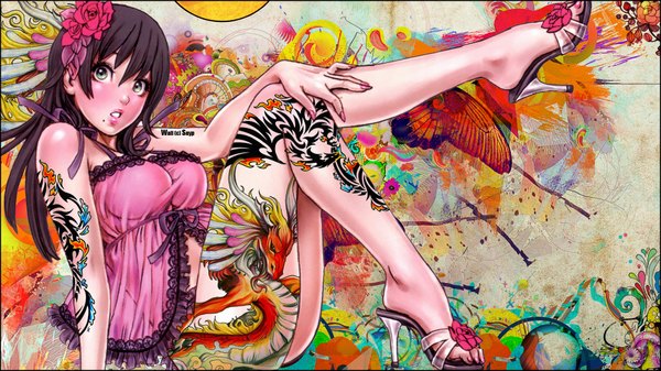 Anime picture 1920x1080 with snyp (r0pyns) single long hair blush highres open mouth light erotic wide image hair flower aqua eyes tattoo hair ornament underwear shoes