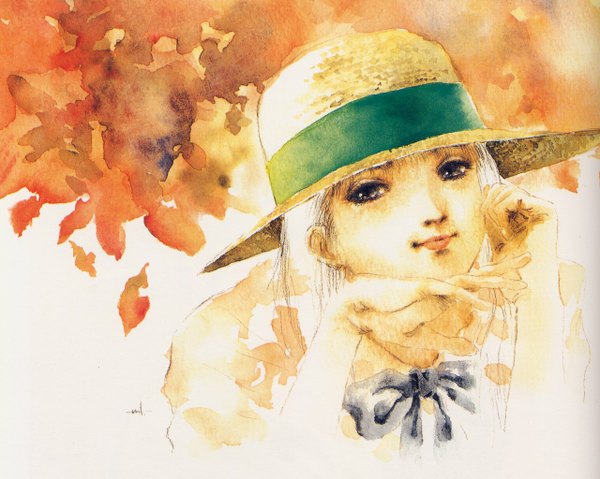 Anime picture 1280x1023 with haruhiko mikimoto single short hair white hair light smile black eyes wallpaper autumn traditional media watercolor (medium) girl hat straw hat