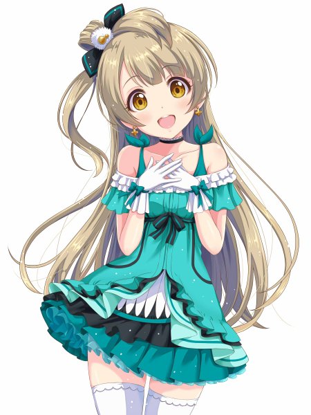 Anime picture 899x1200 with love live! school idol project sunrise (studio) love live! minami kotori yuuki (yukinko-02727) single long hair tall image looking at viewer blush open mouth simple background brown hair white background brown eyes one side up happy girl thighhighs dress