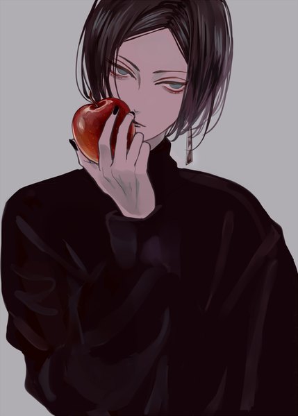 Anime picture 1000x1398 with original sira tamaooo single tall image looking at viewer short hair black hair simple background holding green eyes upper body nail polish head tilt grey background black nail polish boy sweater fruit apple single earring